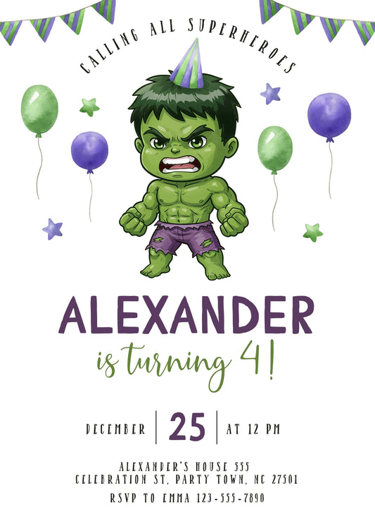Hulk The Avengers Marvel Superhero personizable birthday invitation template, instant download, boy, OE909