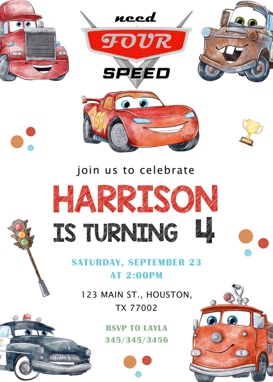 Cars Lightning Mcqueen Four personizable birthday invitation template, instant download, boy, EW400
