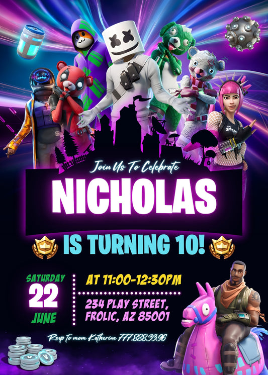 Fortnite Gamer personizable birthday invitation template, instant download, boy, OI486