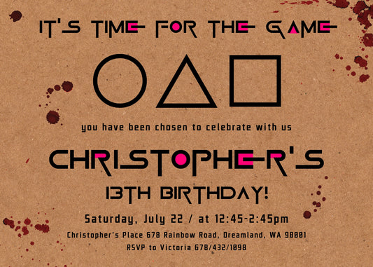 Squid Game personizable birthday invitation template, instant download, KB939