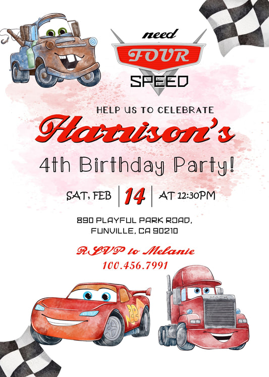 Cars Lightning Mcqueen Four personizable birthday invitation template, instant download, boy, WR711