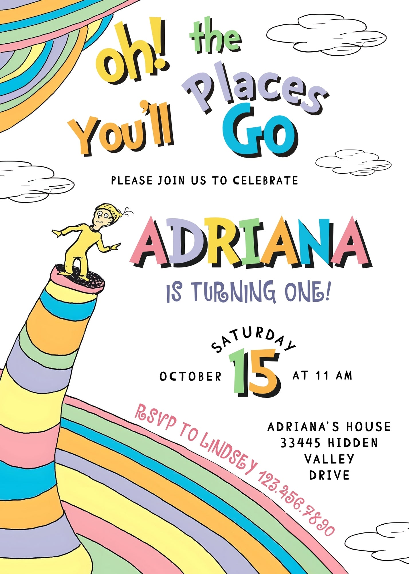 Dr Seuss Oh, the Places You'll Go personizable birthday invitation template, instant download, BX000