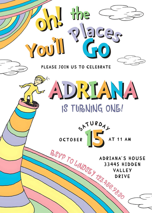Dr Seuss Oh, the Places You'll Go personizable birthday invitation template, instant download, BX000