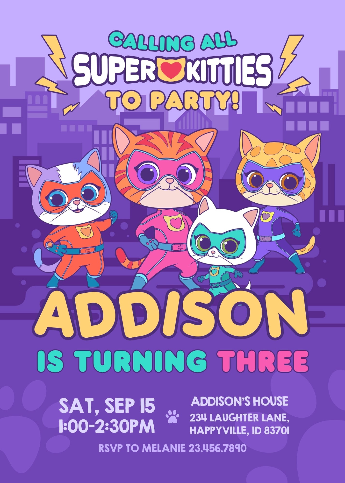 SuperKitties personizable birthday invitation template, instant download, CY745