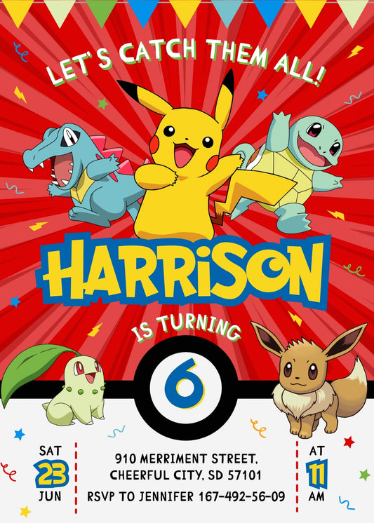Pokemon Pikachu personizable birthday invitation template, instant download, ZU952