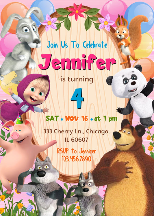 Masha and the Bear personizable birthday invitation template, instant download, QQ486