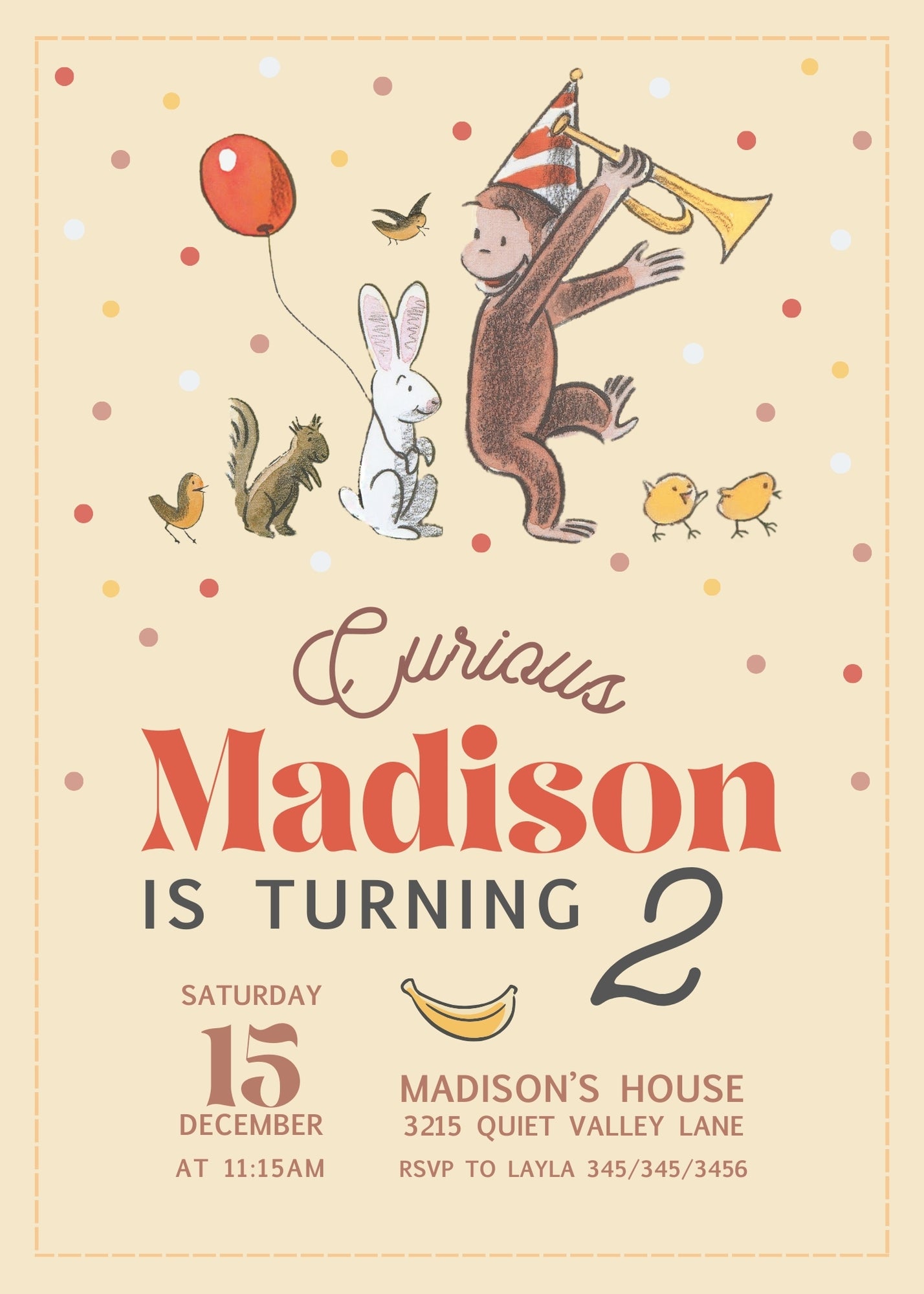 Curious George Monkey personizable birthday invitation template, instant download, NL486