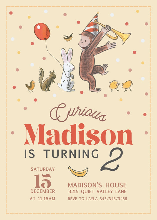 Curious George Monkey personizable birthday invitation template, instant download, NL486