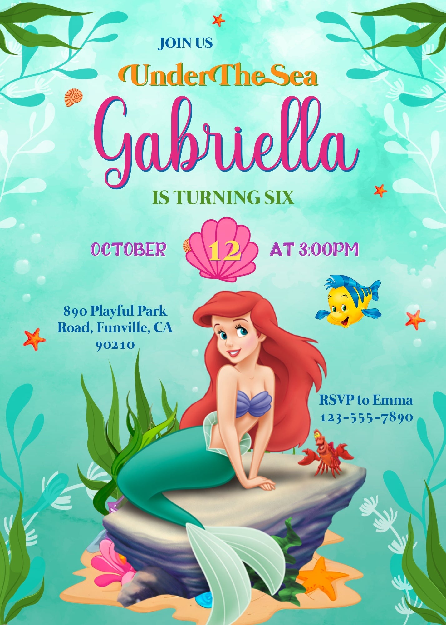 Ariel The Little Mermaid personizable birthday invitation template, instant download, girl, VQ432