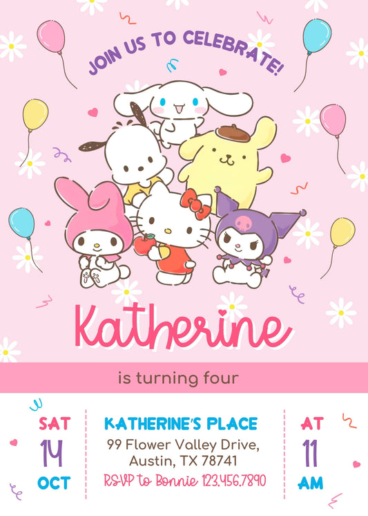 Hello Kitty Sanrio personizable birthday invitation template, instant download, TF949