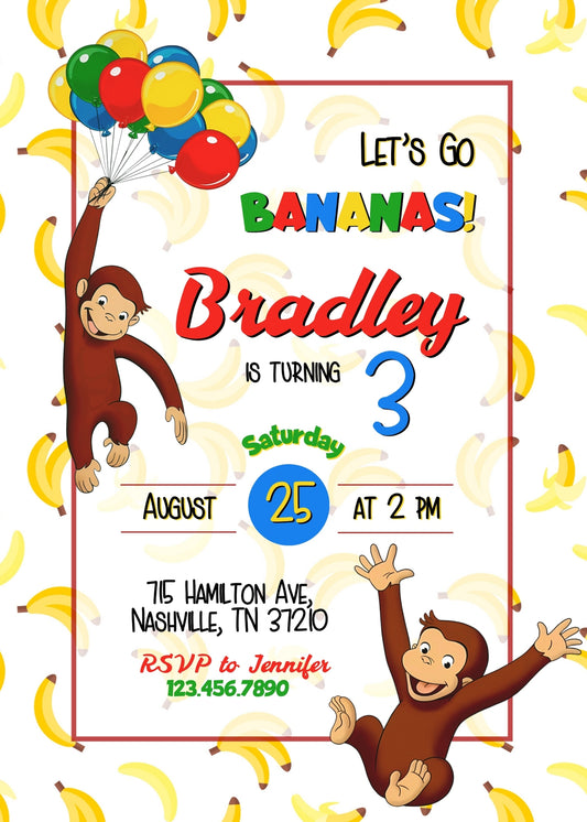 Curious George Monkey personizable birthday invitation template, instant download, YK664