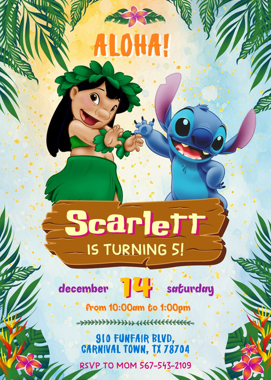 Lilo & Stitch Aloha personizable birthday invitation template, instant download, TK667