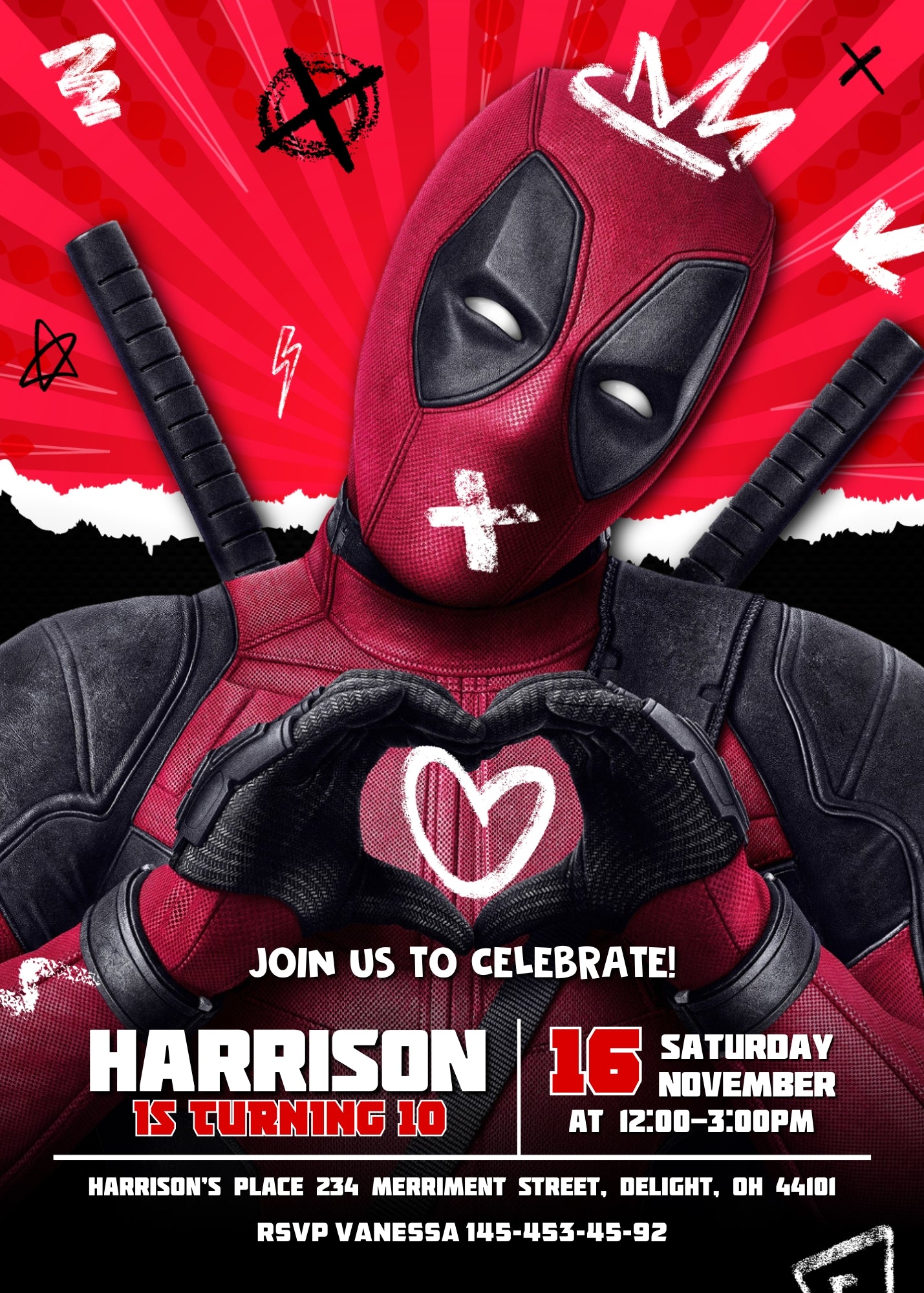 Deadpool Marvel personizable birthday invitation template, instant download, boy, ZS932