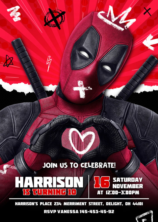 Deadpool Marvel personizable birthday invitation template, instant download, boy, ZS932
