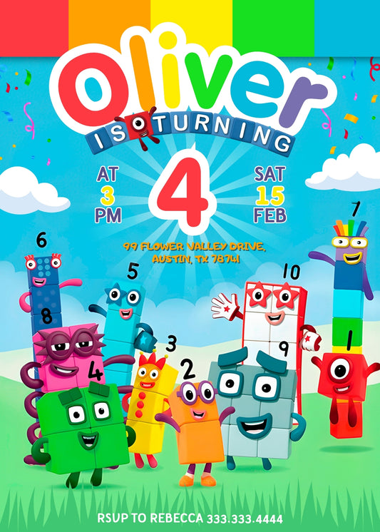 Numberblocks personizable birthday invitation template, instant download, XI767