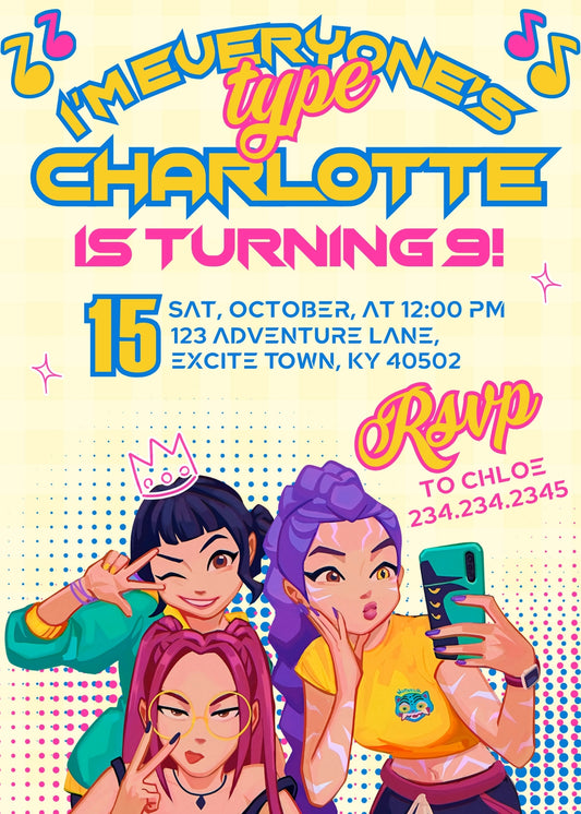 K-pop Demon Hunter customizable birthday invite template, instant download| XF861