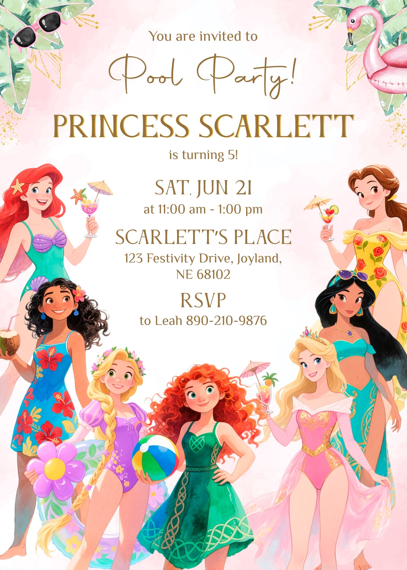 Disney Princess Pool Party customizable birthday invite template, instant download| XL234