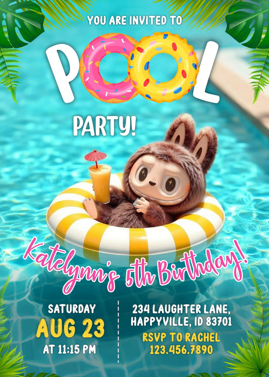 Labubu Pool Party customizable birthday invite template, instant download| YH070
